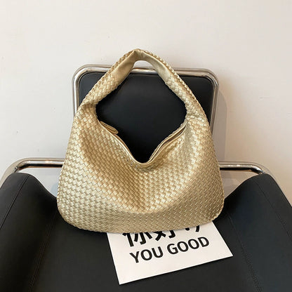 Gold Woven Faux Leather Hobo Shoulder Bag