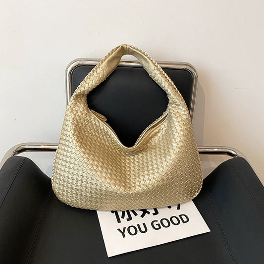 Gold Woven Faux Leather Hobo Shoulder Bag