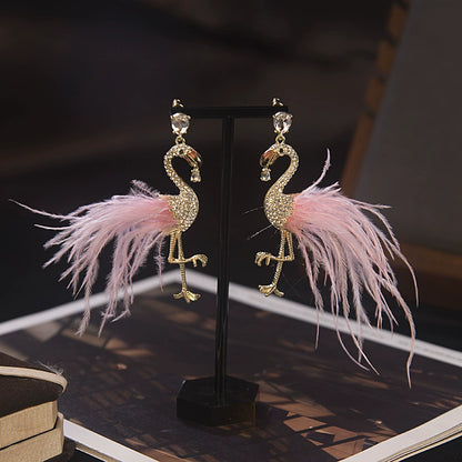Chic Pink Feather & Crystal Flamingo Dangle Earrings