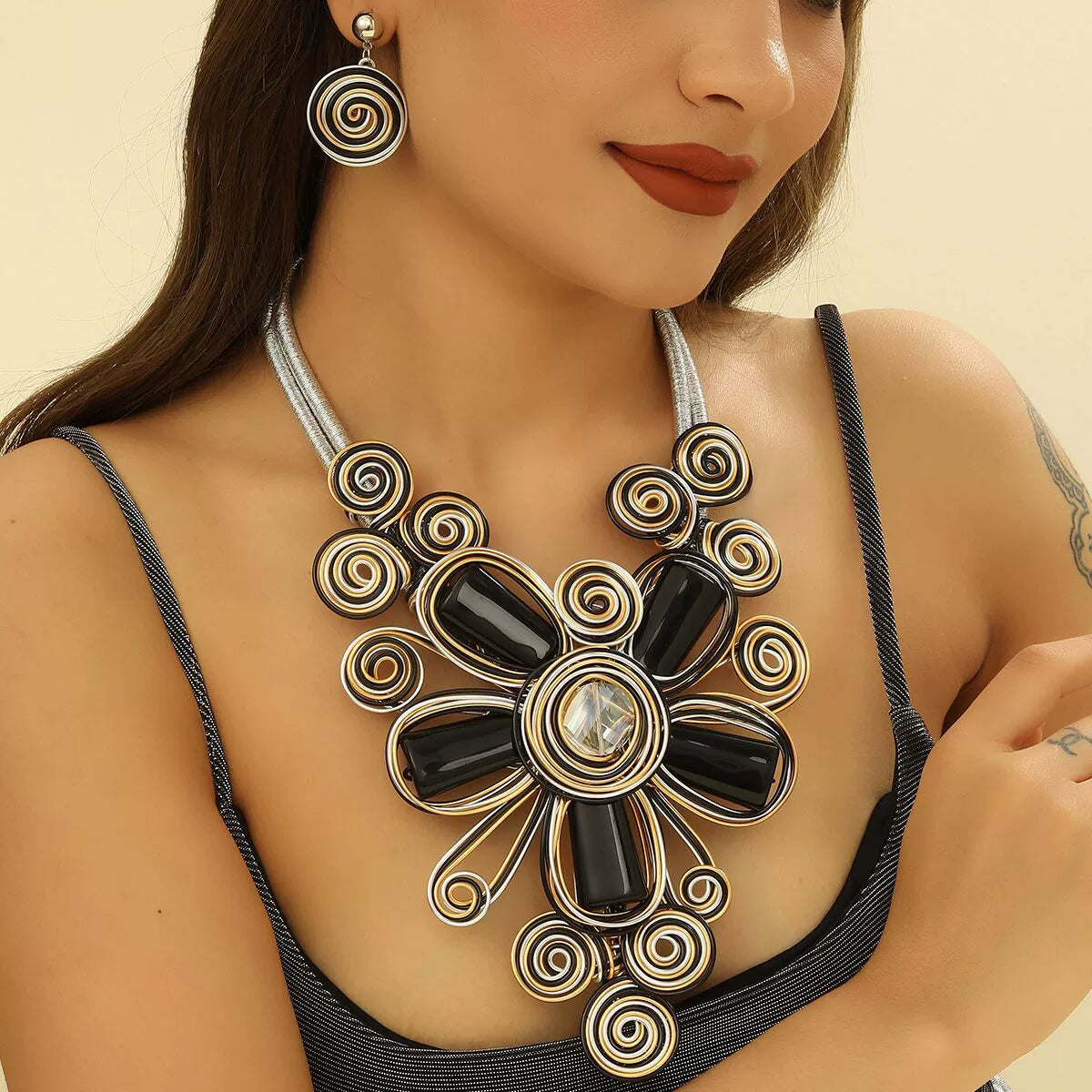 Black & Gold Swirl Wirework Statement Necklace & Earrings