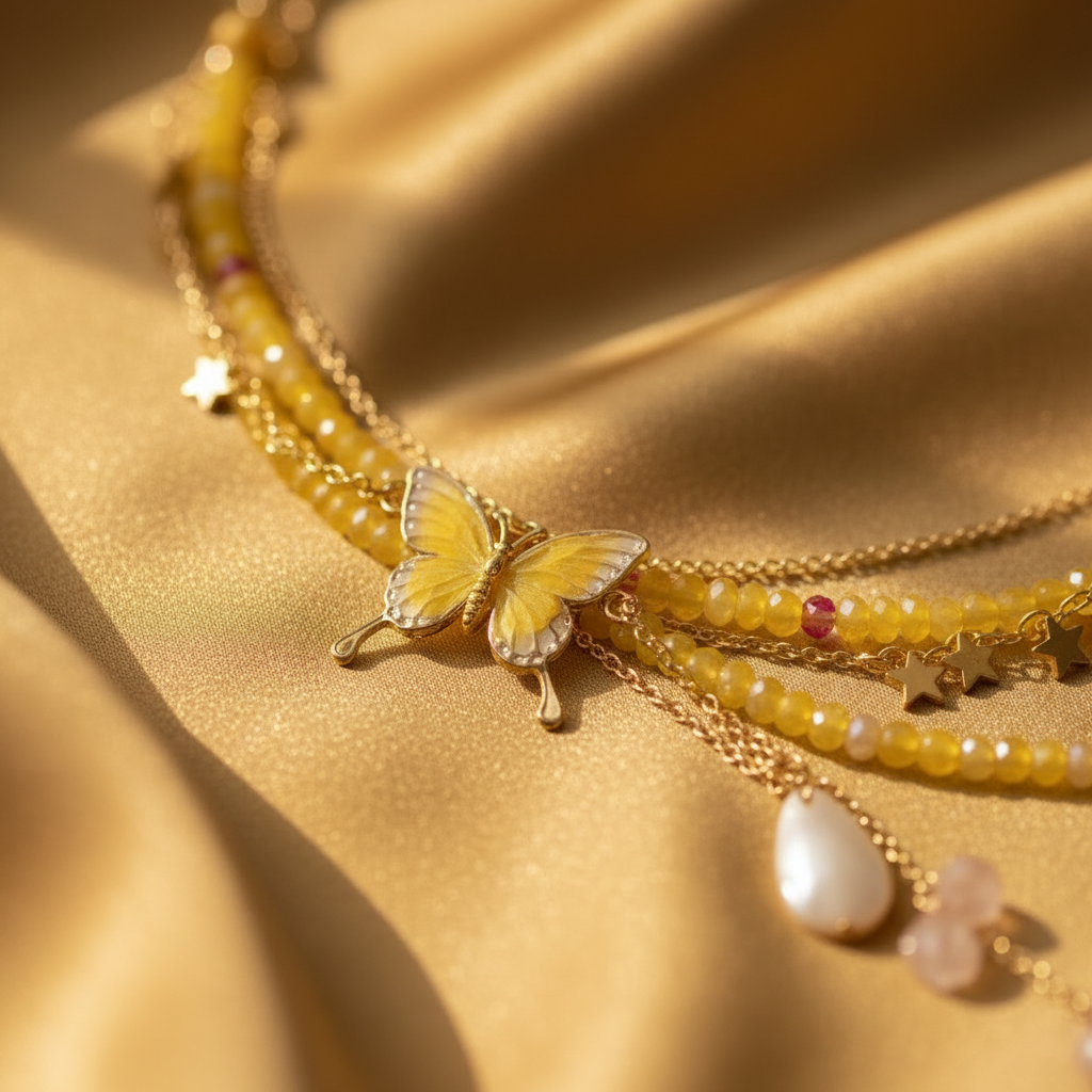 Whimsical Yellow Butterfly Layered Necklace with Stars