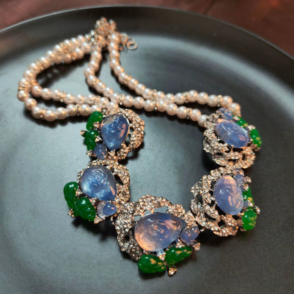 Ornate Luminous Blue Gem, Jade & Pearl Statement Necklace