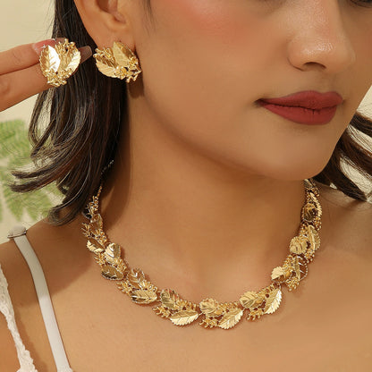 Elegant Gold-Toned Leaf Jewelry Set - Necklace & Earrings