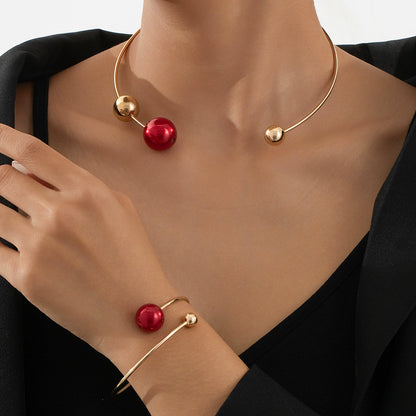 Modern Gold-Tone Red Sphere Choker & Cuff Bracelet Set