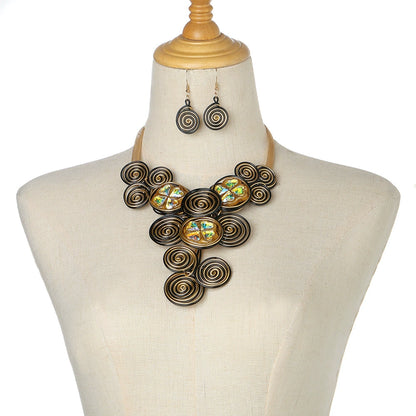 Boho Gold & Black Spiral Statement Necklace & Earring Set