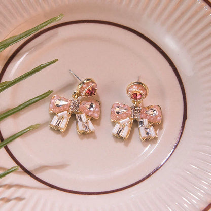 Elegant Pink Bow Crystal Dangle Earrings for Women