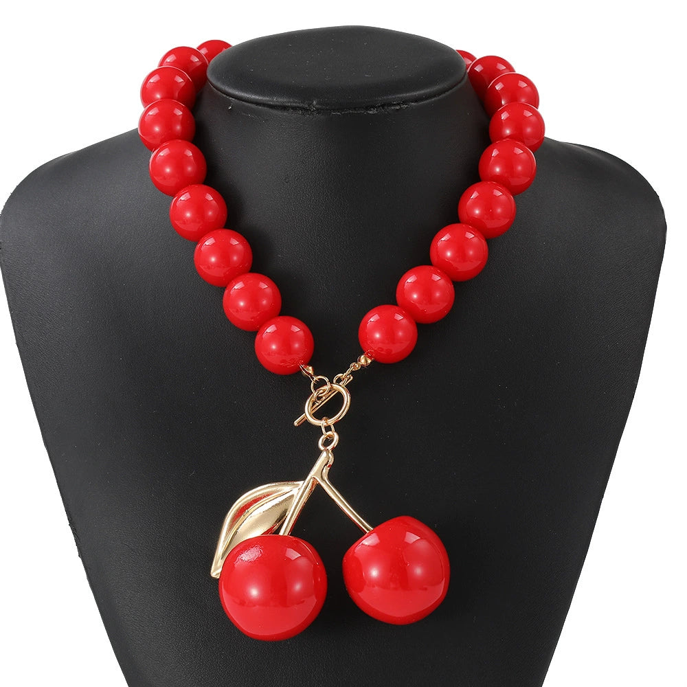 Chic Black/Red Cherry Beaded Statement Necklace with Gold Accent