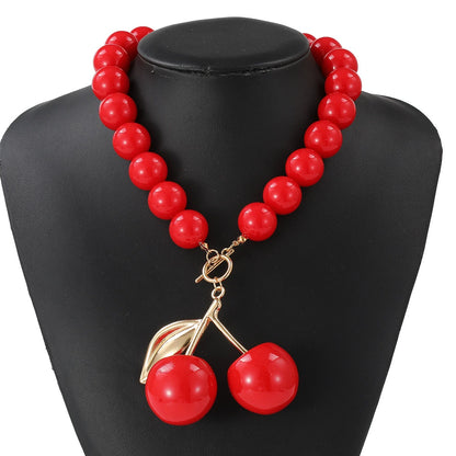 Chic Black/Red Cherry Beaded Statement Necklace with Gold Accent