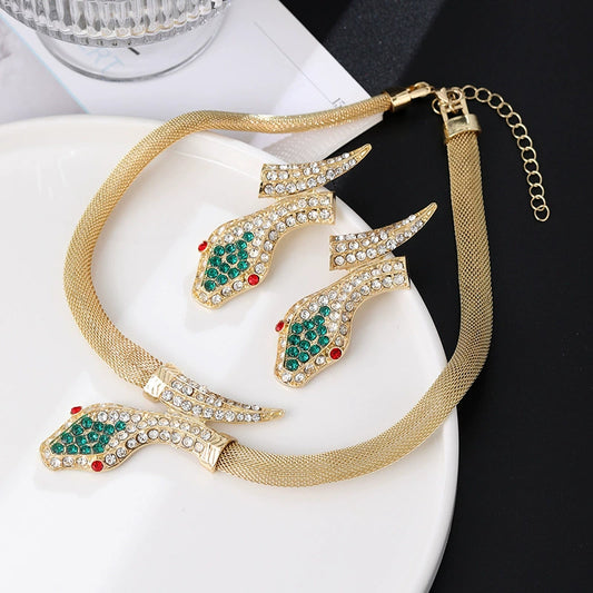 Glamorous Gold Snake Rhinestone Choker & Earring Set