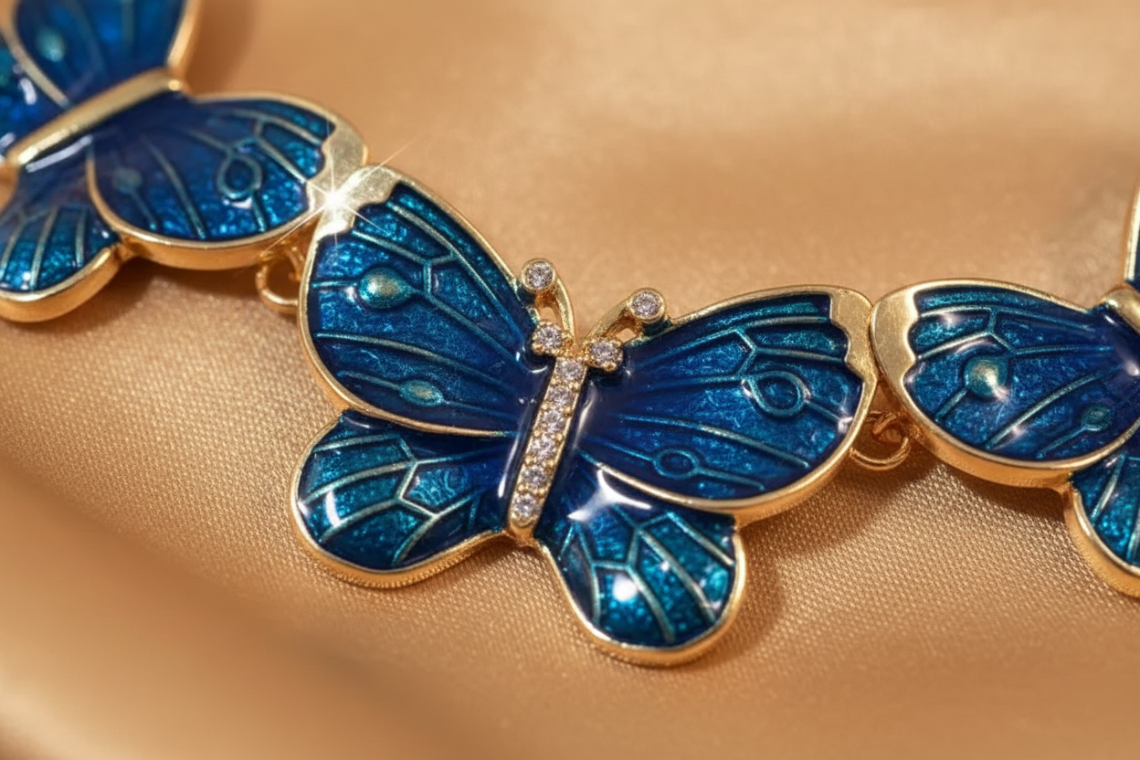 Necklace with blue butterfly pendants on a blurred background