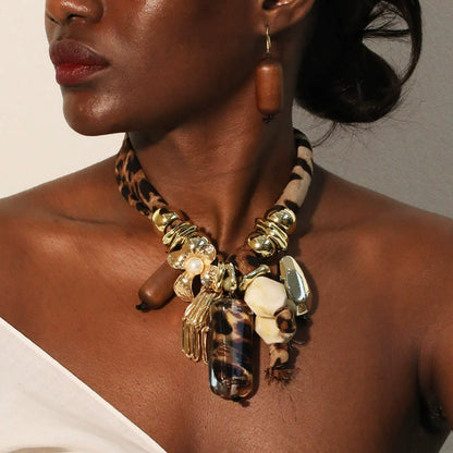 Boho Chic Leopard Print Fabric & Charm Statement Necklace