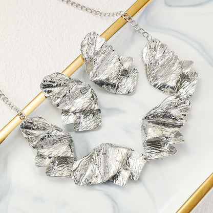 Abstract Hammered Gold and Silver Statement Necklace & Earring Set