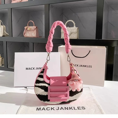 Mack Jankles Zebra Print & Pink Braided Handle Shoulder Bag