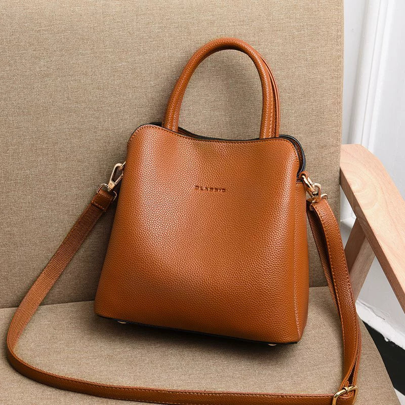 Elegant Brown Faux Leather Tote & Crossbody Handbag