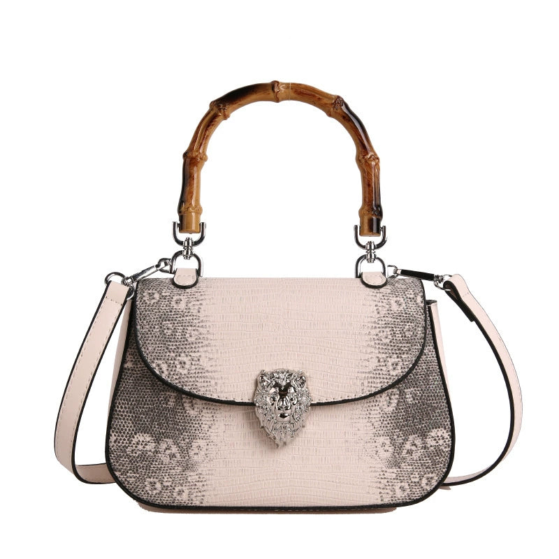 Chic Snake Print Crossbody Bag with Bamboo Handle & Lion Clasp