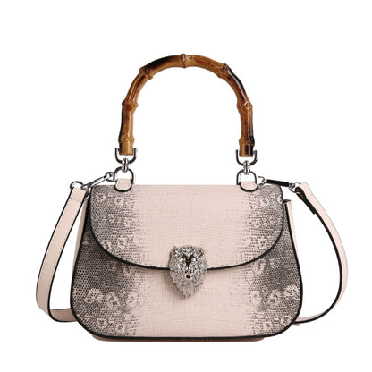 Chic Snake Print Crossbody Bag with Bamboo Handle & Lion Clasp