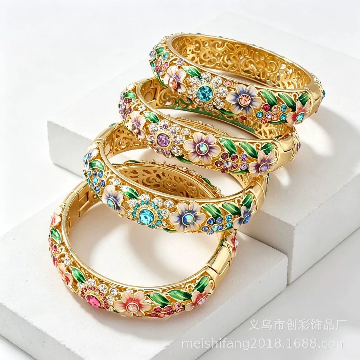 Ornate Gold-Tone Flower & Crystal Bangle Bracelet