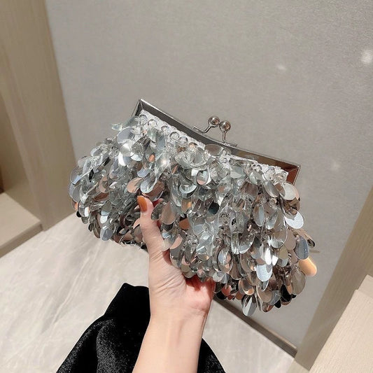 Sparkling Silver Sequin Clutch Bag - Evening Party Handbag