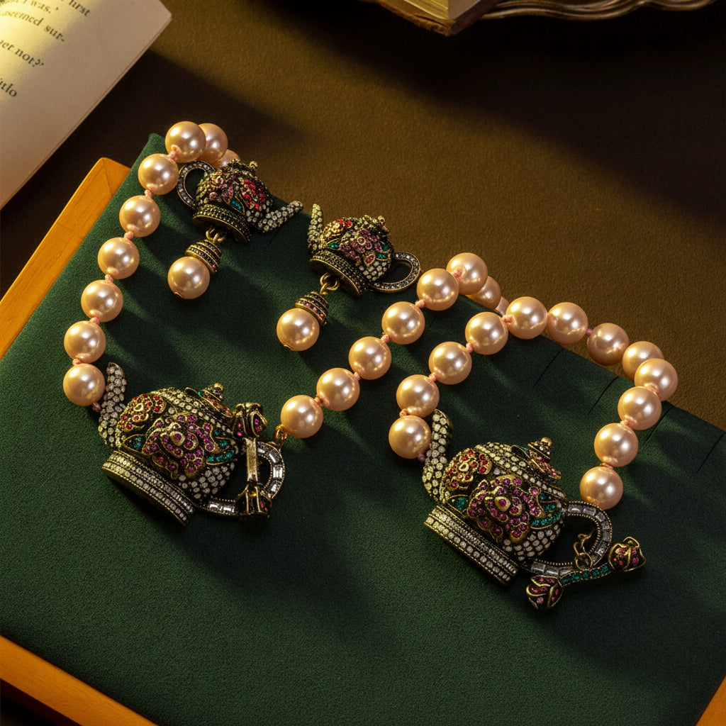 Pearl bracelet with decorative clasp on a textured surface