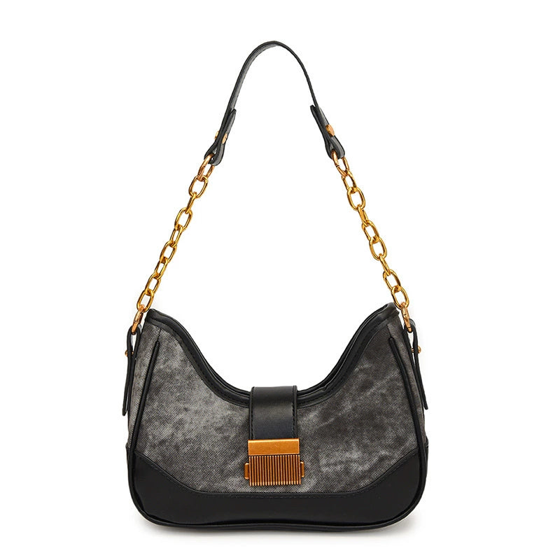 Chic Grey Denim & Black Leather Shoulder Bag with Gold Chain
