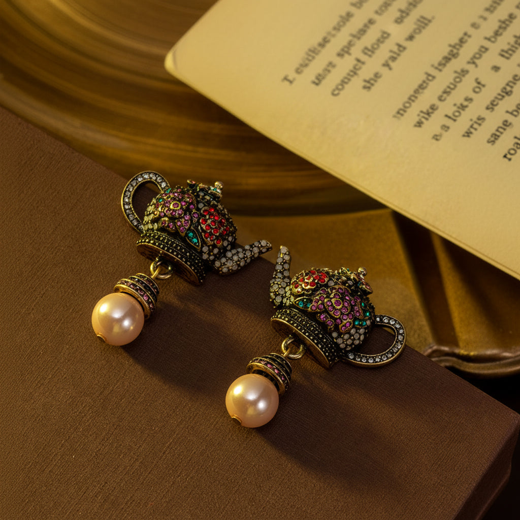 Pair of ornate earrings with colorful gemstones and pearl drops on a brown background.