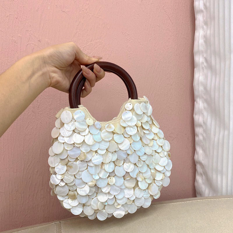 Elegant Mother of Pearl & Wood Handle Shell Handbag