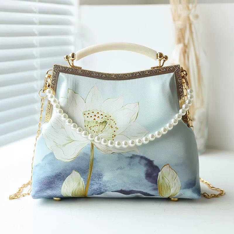 Elegant Oriental Lotus Floral Clutch Bag with Pearl Chain