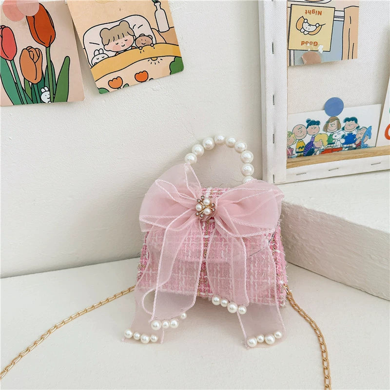 Chic Pink Tweed Mini Handbag with Pearl Handle & Bow
