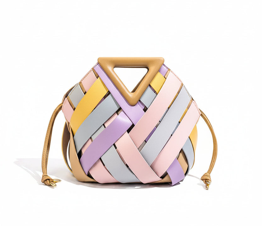 Colorful woven handbag with 'MENG LI SHA' branding on a white background