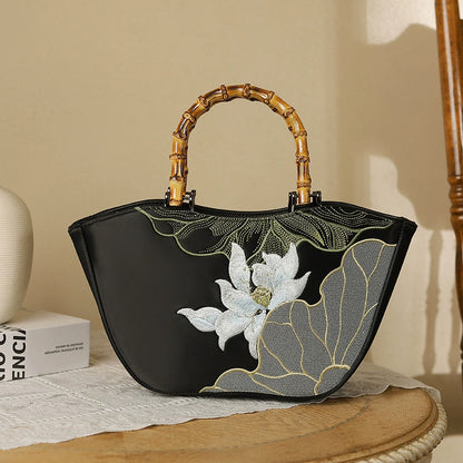 Elegant Lotus Embroidered Handbag with Bamboo Handle