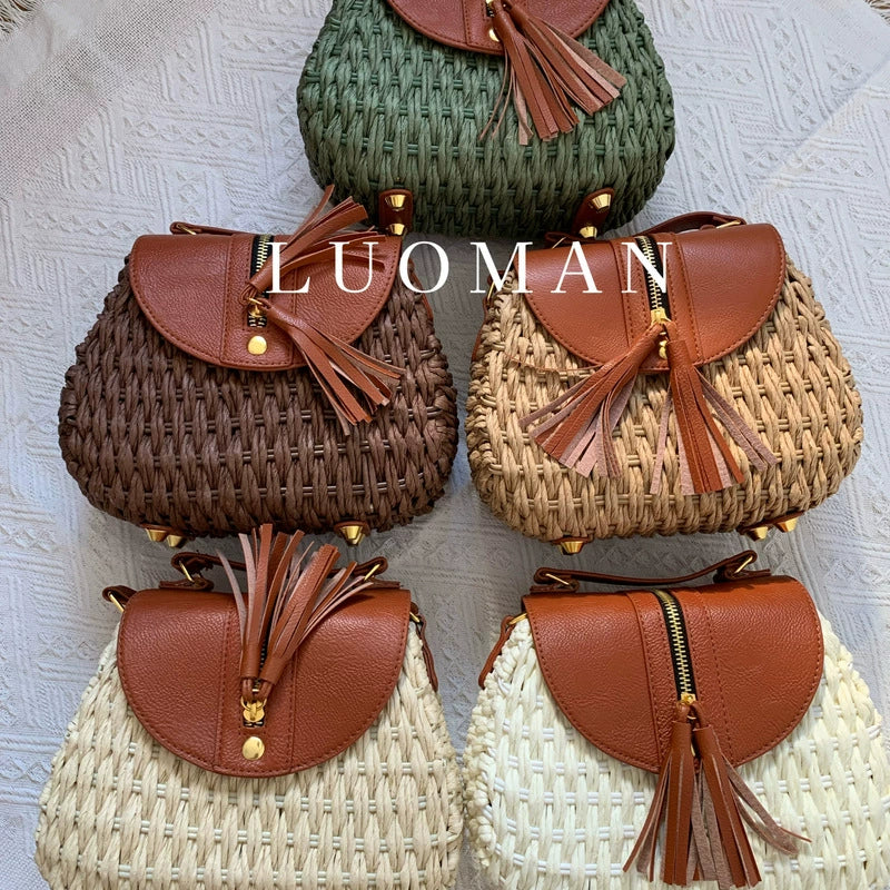 Chic Woven Straw Bag with Leather Flap & Tassel