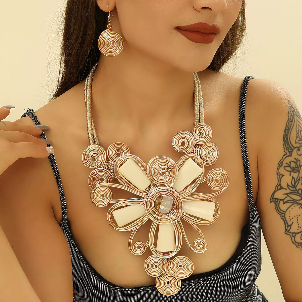 Black & Gold Swirl Wirework Statement Necklace & Earrings