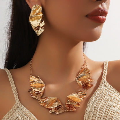 Abstract Hammered Gold and Silver Statement Necklace & Earring Set