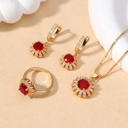 Elegant Red Zircon & Gold-Tone Jewelry Set