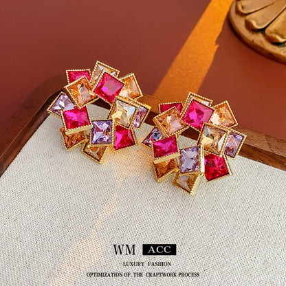 Vibrant Multicolored Crystal Cluster Stud Earrings