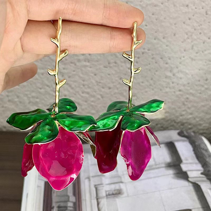 Elegant Pink Rose & Thorn Dangle Earrings