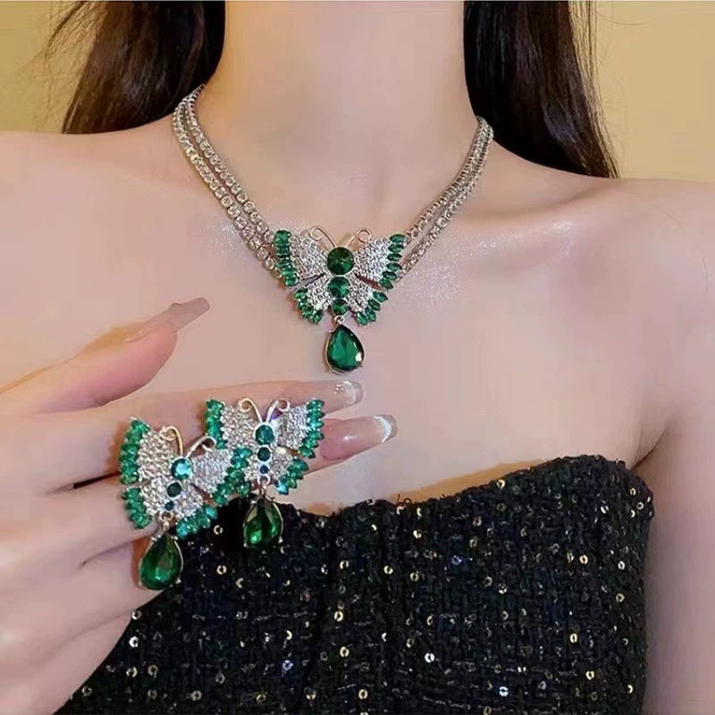 Emerald & Zircon Butterfly Statement Necklace & Earring Set