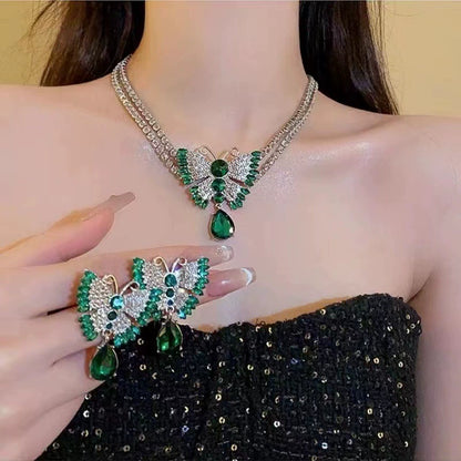 Emerald & Zircon Butterfly Statement Necklace & Earring Set