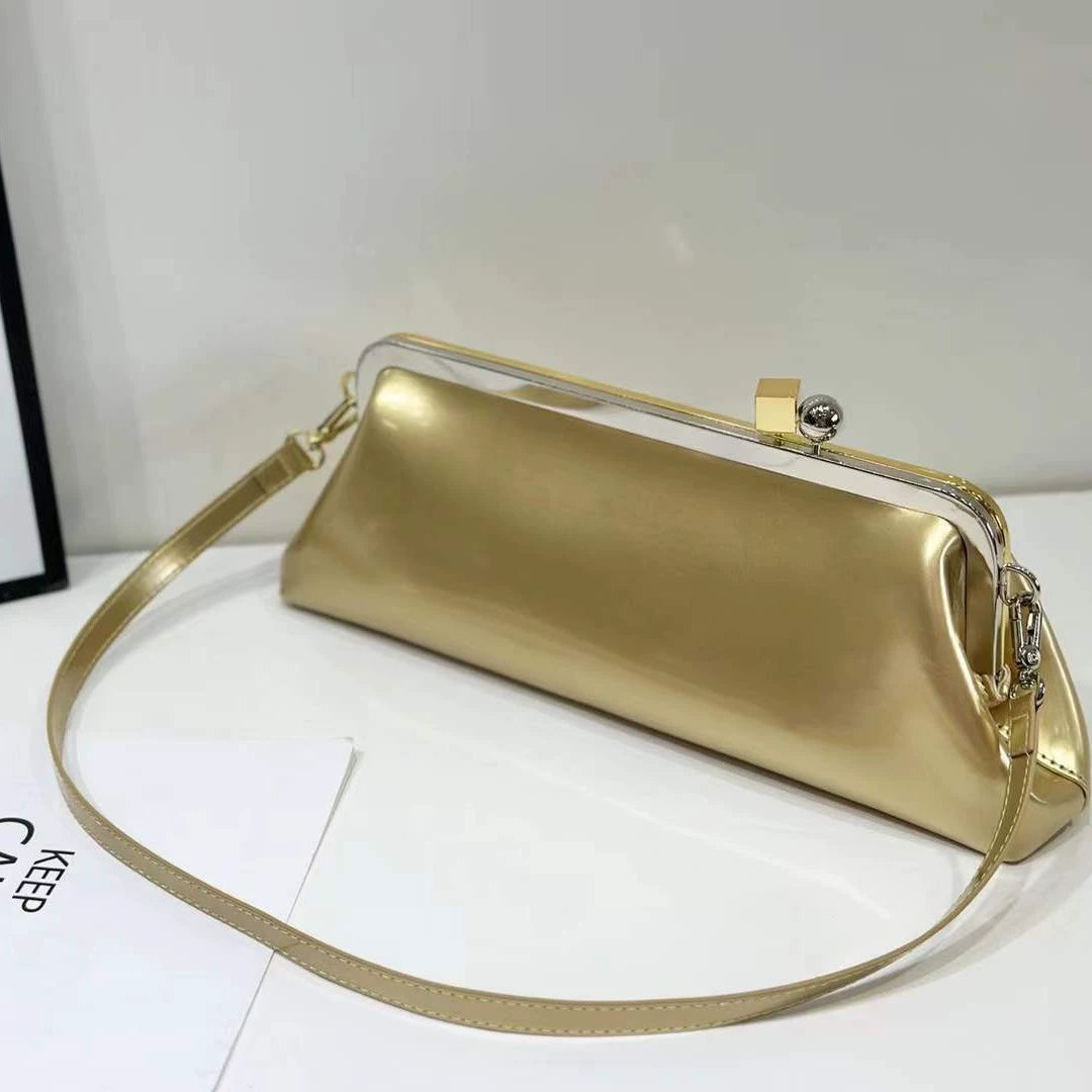 Retro Glam Brown Patent Leather Shoulder Bag with Frame Clasp