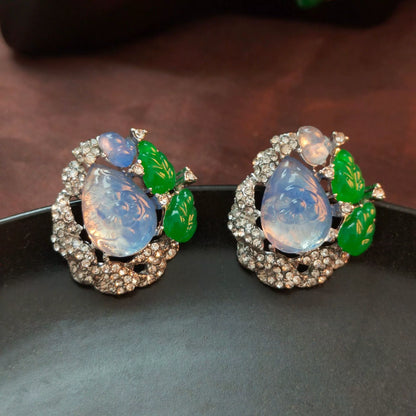 Ornate Luminous Blue Gem, Jade & Pearl Statement Necklace