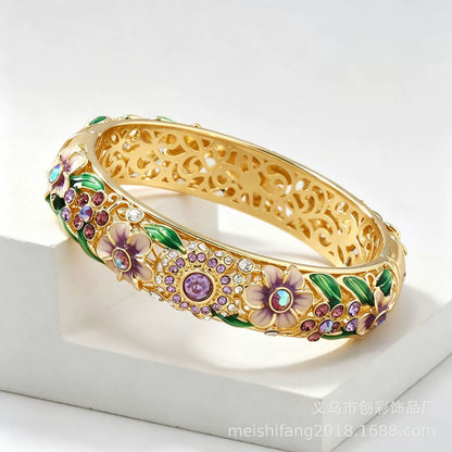 Ornate Gold-Tone Flower & Crystal Bangle Bracelet
