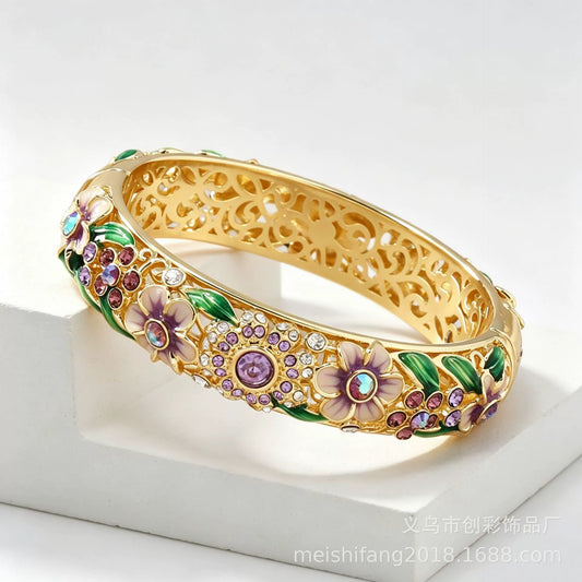 Ornate Gold-Tone Flower & Crystal Bangle Bracelet