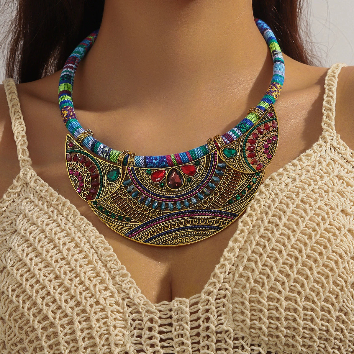 Bohemian Ethnic Statement Choker Necklace with Gemstones