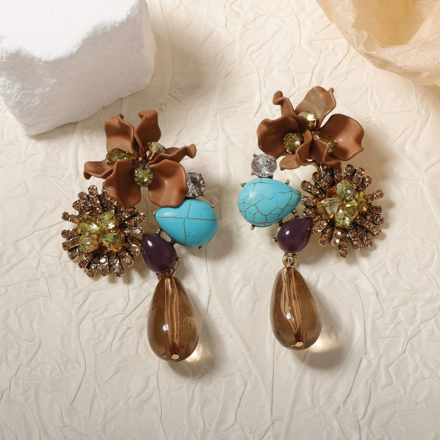 Vibrant Floral & Multi-Stone Statement Drop Earrings