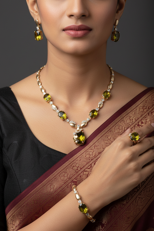 Elegant Gold Tone Green Crystal 4-Piece Jewelry Set