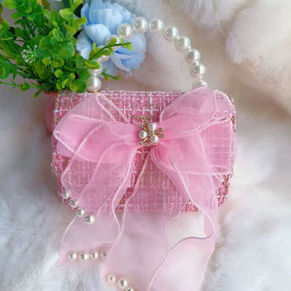 Chic Pink Tweed Mini Handbag with Pearl Handle & Bow