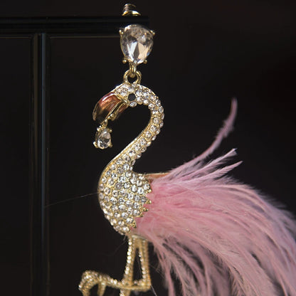 Chic Pink Feather & Crystal Flamingo Dangle Earrings