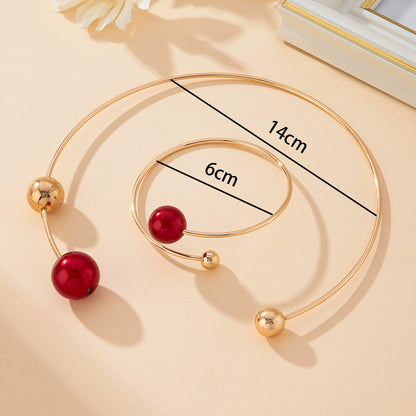 Modern Gold-Tone Red Sphere Choker & Cuff Bracelet Set