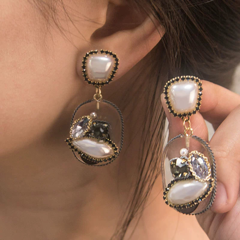 Vintage-Inspired Pearl & Crystal Dangle Statement Earrings
