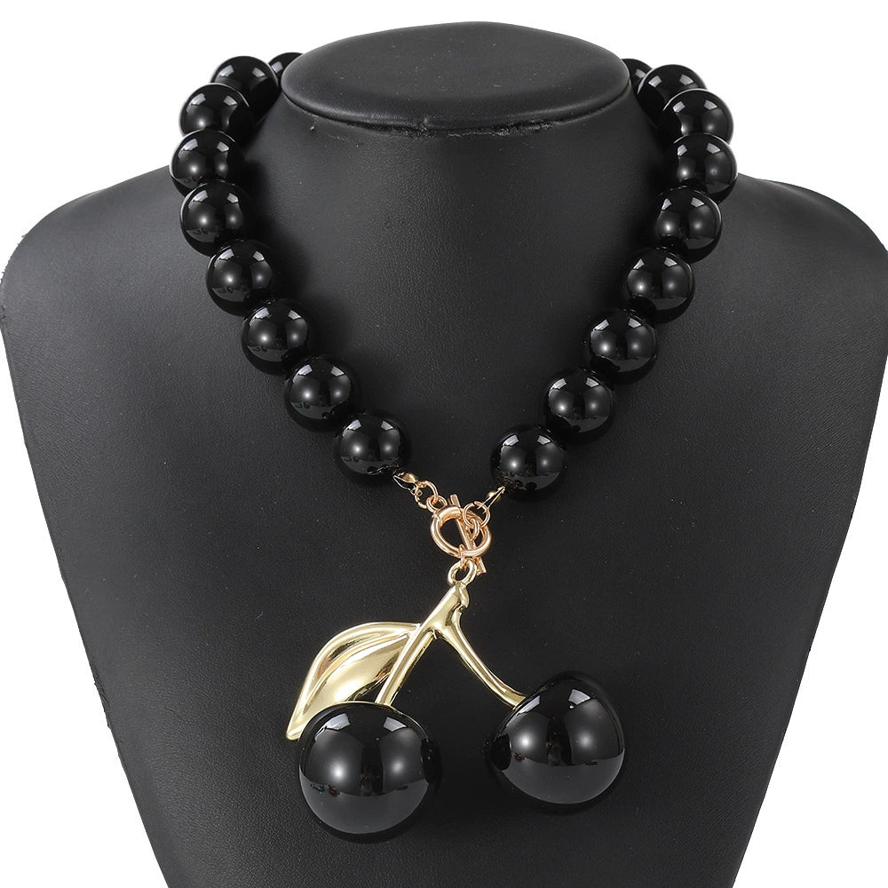 Chic Black/Red Cherry Beaded Statement Necklace with Gold Accent